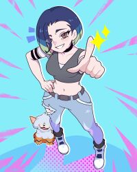 1girl armband bare_shoulders black_armband black_choker blue_hair bob_cut breasts brown_eyes choker claws collarbone commentary crop_top denim dog english_commentary fangs fingerprint gradient_hair grey_shirt grey_sports_bra hand_on_own_hip highres hisuian_growlithe horns index_finger_raised jeans loose_hair_strand medium_breasts midriff multicolored_hair off-shoulder_shirt off_shoulder pants perrin_(pokemon) pointing pointing_at_viewer pokemon pokemon_(creature) pokemon_sv red_fur ribbed_shirt shirt short_hair single_horn sleazynavi sleeveless sleeveless_shirt sports_bra two-tone_fur undershirt v-neck watch watch 