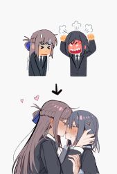  >_< 2girls anger_vein angry_boss_with_happy_family_irasutoyas_(meme) blush braid brown_hair closed_eyes commentary grey_hair grey_jacket haidao_mao half_up_braid hashtag-only_commentary heart highres irasutoya jacket licking licking_another's_face long_hair long_sleeves medium_hair meme miyagi_shiori multiple_girls school_uniform sendai_hazuki shuuniichido_classmate_wo_kau_hanashi simple_background white_background yuri 