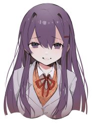  1girl akanosui breasts brown_cardigan cardigan commentary cropped_torso doki_doki_literature_club doki_doki_literature_club_school_uniform grey_jacket hair_between_eyes hair_ornament hairclip highres jacket long_hair looking_at_viewer purple_hair ribbon school_uniform simple_background smile solo violet_eyes white_background yuri_(doki_doki_literature_club) 