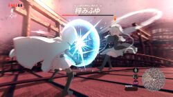  2girls aqua_eyes azusa_mifuyu bare_shoulders battle black_boots black_coat black_gloves black_shirt black_shorts black_sleeves black_thighhighs bodystocking boots bow bridge chakram character_name cloak closed_mouth coat crop_top detached_sleeves floating_cape floating_clothes from_behind full_body fur-trimmed_coat fur-trimmed_sleeves fur_trim gloves grey_bow hair_bow hair_horns health_bar holding holding_weapon hood hood_down hood_up hooded_cloak hooded_coat huge_weapon long_hair long_sleeves looking_at_another low_ponytail magia_record:_mahou_shoujo_madoka_magica_gaiden magic magical_girl mahou_shoujo_madoka_magica map miniskirt motion_blur multiple_girls multiple_torii one_eye_closed outdoors parody pink_hair pink_skirt pink_sky pleated_skirt ponytail samidare_(hoshi) shirt short_hair shorts shorts_under_skirt skirt sky sleeveless sleeveless_coat soul_gem sun sunrise tamaki_iroha tareme the_legend_of_zelda the_legend_of_zelda:_breath_of_the_wild thigh-highs thigh_boots torii translation_request user_interface very_long_hair weapon white_cloak white_hair white_skirt wide_sleeves 