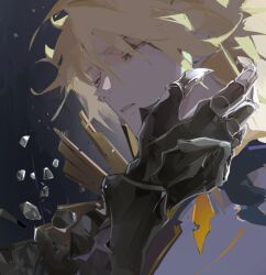  1713tobe 2boys blonde_hair blood commentary cracked_skin disintegration english_commentary flame_reaver_of_the_deepest_dark honkai:_star_rail honkai_(series) male_focus material_growth multiple_boys parted_lips phainon_(honkai:_star_rail) phainon_(khaslana)_(honkai:_star_rail) reaching reaching_towards_another scene_reference short_hair solo_focus spiky_hair yellow_blood yellow_eyes 