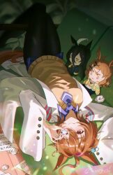  1girl agnes_tachyon_(tach-nology)_(umamusume) agnes_tachyon_(umamusume) ahoge animal_ears black_coat black_gloves black_hair black_necktie black_pantyhose blush breasts brown_hair character_doll chemical_structure closed_mouth coat commentary couch doll ear_tag earrings english_commentary gem gloves hair_between_eyes holding holding_jewelry holding_necklace horse_ears horse_girl horse_tail jewelry lab_coat long_bangs long_hair long_hair_between_eyes long_sleeves lying manhattan_cafe_(creeping_shadow)_(umamusume) manhattan_cafe_(umamusume) multicolored_hair necklace necktie on_back on_couch pantyhose paper red_eyes shirt short_hair short_necktie single_earring sleeves_past_fingers sleeves_past_wrists smile sweater sweater_vest tail tailong_yo umamusume white_coat white_hair yellow_eyes yellow_necktie yellow_sweater yellow_sweater_vest 