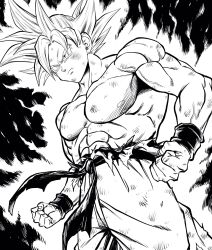  1boy abs aura clenched_hands commentary_request dirty dirty_face dragon_ball dragon_ball_super dutch_angle frown high-waist_pants highres lee_(dragon_garou) male_focus muscular muscular_male pants pectorals profile serious solo son_goku topless_male torn_clothes ultra_instinct 