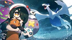  1girl black_hair black_wings bow bright_pupils brown_eyes character_request diamond-shaped_pupils diamond_(shape) drifblim glasses hat hat_bow highres holding holding_pokemon indie_virtual_youtuber itou_life_(vtuber) long_hair lugia open_mouth pokemon pokemon_(creature) red_bow spiritomb symbol-shaped_pupils teeth upper_teeth_only virtual_youtuber white_hat white_pupils wings wrbs 