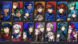  6+boys 6+girls absurdres alm_(fire_emblem) animal_on_shoulder bird bird_on_shoulder black_hairband blue_eyes blue_hair brother_and_sister brown_eyes brown_hair celica_(fire_emblem) circlet closed_mouth commentary dual_persona eirika_(fire_emblem) eliwood_(fire_emblem) ephraim_(fire_emblem) father_and_son female_alear_(fire_emblem) female_byleth_(fire_emblem) female_corrin_(fire_emblem) female_kris_(fire_emblem) female_robin_(fire_emblem) fire_emblem fire_emblem:_genealogy_of_the_holy_war fire_emblem:_mystery_of_the_emblem fire_emblem:_new_mystery_of_the_emblem fire_emblem:_path_of_radiance fire_emblem:_radiant_dawn fire_emblem:_the_binding_blade fire_emblem:_the_blazing_blade fire_emblem:_the_sacred_stones fire_emblem:_thracia_776 fire_emblem:_three_houses fire_emblem_awakening fire_emblem_echoes:_shadows_of_valentia fire_emblem_engage fire_emblem_fates green_eyes green_hair green_headband grey_hair grin hairband headband highres ike_(fire_emblem) leif_(fire_emblem) long_hair male_alear_(fire_emblem) male_byleth_(fire_emblem) male_corrin_(fire_emblem) male_kris_(fire_emblem) male_robin_(fire_emblem) marth_(fire_emblem) micaiah_(fire_emblem) multicolored_hair multiple_boys multiple_girls red_eyes red_hair roy_(fire_emblem) seliph_(fire_emblem) short_hair siblings sigurd_(fire_emblem) silvercandy_gum smile split-color_hair tiara twins two-tone_hair white_hair yune_(fire_emblem) 
