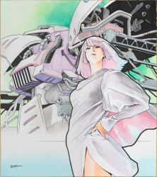  1girl cape cowboy_shot gundam haman_karn hand_on_own_hip highres ikeda_kazuhiro juliet_sleeves long_sleeves looking_down mecha medium_hair mobile_suit neo_zeon pink_hair puffy_sleeves qubeley robot science_fiction signature simple_background solo two-tone_cape zeon zeta_gundam 