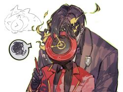  1boy 1other ? badge black_jacket black_shirt clock coat dante_(limbus_company) fire grey_hair hashtag-only_commentary highres holding holding_pen hoyapaint jacket lapels limbus_company necktie notched_lapels object_head pen project_moon red_coat red_necktie shirt simple_background spoken_squiggle squiggle vergilius_(project_moon) white_background 