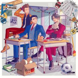  3boys 3llo_3 ace_attorney animal arm_up ascot backpack bag ball belt belt_buckle beret black_belt black_shirt black_shoes black_socks black_vest blue_eyes blue_jacket blue_pants blue_suit blue_vest book box broom brown_hair brown_shoes buckle cardboard_box chair classroom closed_eyes collared_shirt commentary crossed_arms crossed_legs curtained_hair desk dog door facial_hair full_body glasses goatee grey_eyes grey_hair grin hair_slicked_back hand_on_headwear hat heart heart_print highres in_box in_container indoors jacket lapel_pin lapels larry_butz long_sleeves male_focus miles_edgeworth missile_(ace_attorney) multiple_boys necktie no_socks notched_lapels on_chair on_desk open_book open_box open_clothes open_jacket origami pants paper paper_crane pet_food phoenix_wright phoenix_wright:_ace_attorney_-_spirit_of_justice red_hat red_jacket red_necktie red_pants red_suit ruler school_chair school_desk shiba_inu shirt shoes short_hair sitting smile soccer_ball socks spiky_hair suit suit_jacket translation_request vest watermark white_ascot white_necktie white_shirt wing_collar 