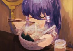 1girl blue_hair blush bowl chopsticks closed_eyes commentary_request cuffs cup drink eating egg_(food) food garakuraku hair_tubes handcuffs holding holding_chopsticks indoors long_hair miyadeguchi_mizuchi no_lineart noodles ramen shirt solo striped_clothes striped_shirt sweat table touhou upper_body 