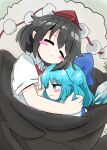  2girls absurdres bird_wings black_hair black_wings blue_bow blue_eyes blue_hair blush blush_stickers bow cirno closed_mouth collared_shirt detached_wings fairy feathered_wings hair_bow hat highres ice ice_wings multiple_girls nose_blush parted_lips pom_pom_(clothes) red_headwear shameimaru_aya shirt short_hair short_sleeves tatutaniyuuto tokin_hat touhou white_shirt wings 