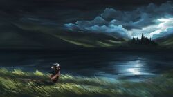  1boy absurdres animal_ears backpack bag black_pants body_fur brown_cloak cloak clouds commentary day english_commentary facing_away forest from_behind full_body furry furry_male grass grey_sky hand_up highres lake long_sleeves nature original outdoors pants path rabbit_boy rabbit_ears road scenery sky solo standing tomtc white_fur wide_shot 