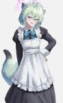  1girl absurdres alternate_costume animal_ears apron aqua_bow aqua_bowtie blue_archive blush bow bowtie enmaided frilled_apron frills green_tail halo hand_on_own_hip highres juliet_sleeves light_green_hair long_sleeves looking_at_viewer maid maid_apron maid_headdress nervous_smile parted_lips puffy_sleeves shigure_(blue_archive) short_hair simple_background smile solo sweat tail violet_eyes weasel_ears weasel_tail white_apron white_background yakishio 