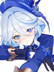  1girl ahoge arm_rest black_gloves blue_eyes blue_hair blue_hat blue_jacket blue_pupils blush closed_mouth commentary drop-shaped_pupils furina_(genshin_impact) genshin_impact gloves hair_between_eyes hair_intakes hat heterochromia highres invisible_table jacket long_sleeves looking_at_viewer mismatched_pupils multicolored_hair rea_0523 short_hair simple_background smile solo streaked_hair symbol-shaped_pupils top_hat upper_body white_background 