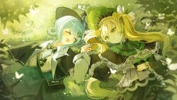  2girls :< :d bird_hat_ornament black_bag black_capelet black_flower black_hat black_rose blonde_hair blue_flower blue_hair blue_rose blue_skirt bonnet braid braided_hair_rings bug butterfly capelet commentary deerstalker detective dress flower green_bonnet green_dress green_hair hair_rings hat highres holding_hands looking_at_another magnifying_glass mahou_shoujo_no_majo_saiban multiple_girls on_grass plaid_clothes plaid_skirt rose siocm skirt smile symbol-only_commentary tachibana_sherry tono_hanna twintails yellow_flower yellow_rose yuri 