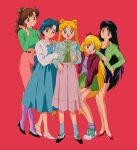  5girls aino_minako bishoujo_senshi_sailor_moon black_footwear blonde_hair blue_dress blue_eyes blue_hair bow breasts brown_hair dress earrings green_skirt hino_rei honeymoonpetal jacket jewelry kino_makoto mizuno_ami multiple_girls open_mouth pink_skirt purple_hair red_background red_bow red_footwear red_jacket retro_artstyle short_hair simple_background skirt smile tsukino_usagi v violet_eyes white_footwear 