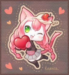  1girl :3 :d adapted_costume animal_ears animal_hands animal_nose apron artist_name black_sweater black_thighhighs blush body_fur border braid brown_background brown_border brown_outline cat_busters cat_ears cat_girl cat_tail cherry chibikemo commentary_request digitigrade food fruit furry furry_female gingham_apron gingham_clothes green_eyes grey_skirt heart highres holding holding_heart kagure_(karaguren) long_hair looking_at_viewer low_twin_braids neko_hakase one_eye_closed open_mouth outline pink_hair pleated_skirt skirt slit_pupils smile solo sweater tail thigh-highs turtleneck turtleneck_sweater twin_braids whiskers white_fur zettai_ryouiki 