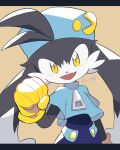  1boy blue_headwear blue_shirt fang furry furry_male gloves highres kaze_no_klonoa klonoa koke_ojisan looking_at_viewer male_focus open_mouth pinky_(pacman) shirt yellow_eyes yellow_gloves 