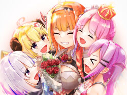  >_< 5girls ahoge amane_kanata amane_kanata_(1st_costume) black_vest blonde_hair blonde_streaks bouquet closed_eyes closed_mouth commentary_request crown dragon_girl dragon_horns fang hair_ornament hairpin highres himemori_luna himemori_luna_(1st_costume) holding holding_bouquet holoforce hololive horns kiryu_coco kiryu_coco_(1st_costume) multicolored_hair multiple_girls open_mouth orange_hair sheep_girl sheep_horns shirt skin_fang smile streaked_hair tears tokoyami_towa tokoyami_towa_(1st_costume) tsunomaki_watame tsunomaki_watame_(1st_costume) u_da_desu vest violet_eyes virtual_youtuber white_shirt 