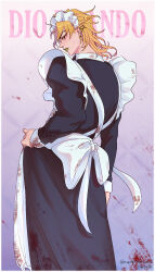 1boy absurdres alternate_costume apron artist_collaboration back_bow black_dress blonde_hair blood blood_on_clothes blood_splatter blush border bow character_name crossdressing crossdressing_(mtf) dio_brando dress earrings english_commentary eyelashes frilled_apron frills from_behind gradient_background green_lips hand_on_own_hip highres jewelry jojo_no_kimyou_na_bouken lipstick looking_at_viewer looking_back maid maid_apron maid_headdress makeup male_focus medium_hair noquelle profile purple_background red_eyes solo standing twitter_username white_border yandere 