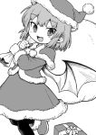  1girl :d alternate_costume bat_wings box fang gift gift_box greyscale hat highres holding holding_sack looking_at_viewer monochrome oninamako open_mouth remilia_scarlet sack santa_costume santa_hat simple_background slit_pupils smile solo touhou wings 
