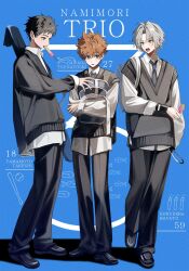  3boys arm_up backpack bag black_hair black_pants black_shoes blue_background blue_necktie brown_hair collared_shirt english_text eye_contact food food_in_mouth gokudera_hayato grey_eyes grey_hair grey_sweater_vest highres holding holding_bag katekyo_hitman_reborn layered_clothes long_sleeves looking_at_another looking_to_the_side male_focus multiple_boys necktie open_mouth pants parted_hair popsicle popsicle_in_mouth sawada_tsunayoshi shirt shoes short_hair sideways_glance standing sum_i sweater_vest white_shirt wing_collar yamamoto_takeshi 
