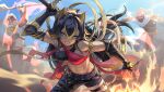 1girl 2boys abs armlet armpits asymmetrical_pants battle belt bent_over black_gloves black_hair black_pants blindfold blue_eyes blue_sky claymore_(sword) clouds cloudy_sky colored_inner_hair commentary_request dehya_(genshin_impact) dessert elbow_gloves eremite_daythunder_(genshin_impact) eremite_sunfrost_(genshin_impact) fighting_stance fingerless_gloves food genshin_impact gloves greatsword hair_between_eyes highres holding holding_polearm holding_sword holding_weapon long_hair looking_at_another looking_away mask mouth_mask multicolored_hair multiple_boys navel pants polearm shirakawafel sidelocks sky sleeveless stomach sword two-tone_hair vision_(genshin_impact) weapon
