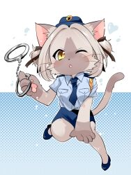  1girl alternate_costume animal_ears animal_hands blue_hat blue_shirt blue_shoes blue_skirt breasts brown_hair cat_busters cat_ears cat_girl cat_tail commentary_request cuffs debu_nezu deformed furry furry_female handcuffs hat heart holding holding_handcuffs looking_at_viewer one_eye_closed pawpads police police_uniform policewoman polka_dot polka_dot_background praline_(cat_busters) shirt shoes short_hair sitting skirt slit_pupils small_breasts solo tail two_side_up yellow_eyes 