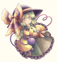  1girl a_fragment_of_water black_hat blouse blush bow buttons collar collared_shirt commentary_request diamond_button eyeball frilled_collar frilled_skirt frilled_sleeves frills green_eyes green_hair green_skirt hat hat_bow heart heart_of_string highres huge_bow komeiji_koishi long_sleeves looking_down purple_bow shirt simple_background skirt smile solo third_eye touhou two-tone_bow white_background wide_sleeves yellow_bow yellow_shirt 