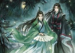  2boys absurdres bamboo bamboo_forest bamboo_print black_hanfu chair chinese_clothes closed_mouth cobblestone commentary_request cup curtained_hair feet_out_of_frame floating_clothes floating_hair forest from_above green_eyes half_updo hand_fan hanfu highres holding holding_fan jug_(bottle) lantern layered_sleeves light_particles long_hair long_sleeves looking_at_viewer luo_binghe male_focus multiple_boys nature night outdoors paper_lantern parted_bangs red_eyes renzha_fanpai_zijiu_xitong ribboned_xiao_guan shen_qingqiu sky_lantern sleeves_past_fingers sleeves_past_wrists standing table tray very_long_hair wide_sleeves yunchuan_1013 zuiyin 
