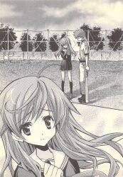  1boy 1girl aritai_susumu baseball_bat baseball_uniform blood_tune chaos;head character_request check_character greyscale highres holding holding_baseball_bat kneehighs long_hair monochrome official_art scan school_uniform science_adventure seira_orgel seira_orgel_(pre-transformation) serafuku serious socks sportswear tagme yukiwo 