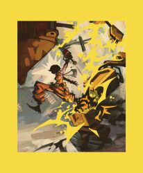  1girl absurdres arm_up border breasts caterpillar_tracks chainsword commentary debris duel english_commentary explosion face_in_shadow from_side full_body gloves highres holding holding_sword holding_weapon jumping jumpsuit motorslice muscular muscular_arms muscular_female orange_jumpsuit orange_theme p_(motorslice) painterly robot short_hair small_breasts solo strangerz0ne sword tomboy turtleneck_jumpsuit weapon wire_fence yellow_border 