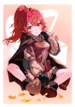  1girl anna_(fire_emblem) black_footwear black_gloves blush border brown_cape buttons cape coin commentary fire_emblem fire_emblem_engage gbbgb321 gloves grin hair_between_eyes head_tilt highres holding long_hair long_sleeves looking_at_viewer ponytail red_eyes redhead shoes sitting smile solo white_border 