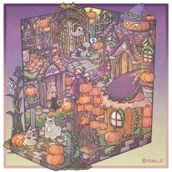  2boys animal ascot bare_tree bear border candy cat chigu commentary_request cross floorplan flying_sweatdrops food ghost gradient_background halloween highres holding holding_candy holding_food holding_lollipop house jack-o'-lantern jacket lollipop long_sleeves male_focus multiple_boys original outside_border pumpkin purple_background purple_jacket rabbit silk spider_web spoken_flying_sweatdrops standing swirl_lollipop tombstone tree two-tone_background white_ascot white_border yellow_background 
