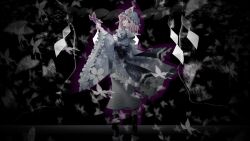  1girl absurdres adjusting_clothes adjusting_headwear ankle_cuffs arm_cuffs arm_up blue_hat blue_kimono blue_sash bug butterfly butterfly_on_hand commentary_request cupping_hand floral_print floral_print_kimono frilled_cuffs frilled_sleeves frills from_behind full_body hat highres japanese_clothes kii_(mahoraba) kimono long_sleeves looking_at_viewer looking_back mob_cap obi open_mouth pink_hair print_kimono saigyouji_yuyuko sash shide short_hair solo standing touhou triangular_headpiece turning_head wide_sleeves 