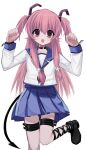  1girl :d angel_beats! belt black_choker black_footwear black_tail blue_sailor_collar blue_skirt blush choker fake_tail fang hair_between_eyes hair_ribbon hands_up highres leg_up long_hair long_sleeves looking_at_viewer nemu_(zutto_oyasu3) paw_pose pink_eyes pink_hair pleated_skirt ribbon sailor_collar school_uniform simple_background skirt smile solo tail thigh_belt thigh_strap two_side_up white_background yui_(angel_beats!) 