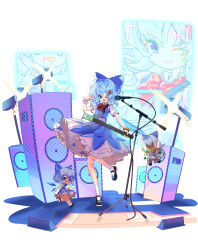  3girls :3 absurdres black_shoes blue_bow blue_dress blue_eyes blue_hair blue_skirt blue_vest bow bowtie chibi chinese_commentary cirno commentary_request detached_wings dress flower full_body guitar hair_bow highres holding holding_guitar holding_instrument ice ice_wings instrument mary_janes microphone multiple_girls multiple_persona neck_flower open_mouth pinafore_dress plant puffy_short_sleeves puffy_sleeves red_bow red_bowtie shirt shoes short_sleeves single_wrist_cuff skirt sleeveless sleeveless_dress smile socks speaker standing standing_on_one_leg sunflower tan tanned_cirno touhou v vest vines white_shirt white_socks wings wrist_cuffs wuzeiiezuw yellow_flower 