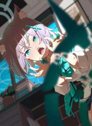  2girls absurdres animal_ear_fluff animal_ears black_skirt blue_archive blue_eyes blue_scarf blue_sky blurry blurry_foreground brick_wall broken_halo claw_pose commentary_request cross_hair_ornament depth_of_field dutch_angle extra_ears grey_hair hair_between_eyes hair_ornament halo hands_up highres indoors long_sleeves looking_at_viewer matsumoto_yutaka medium_hair mismatched_pupils multiple_girls necktie open_mouth plaid_clothes plaid_skirt plant pleated_skirt potted_plant scarf school_uniform shiroko_(blue_archive) shiroko_terror_(blue_archive) shirt skirt sky teeth white_shirt window wolf_ears wolf_girl 