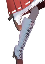  1girl boots commentary_request feet foot_focus hakurei_reimu high_heel_boots high_heels knee_boots lace-up_boots nodoguro_(phi-tan) pleated_skirt red_skirt ribbon-trimmed_skirt ribbon_trim simple_background skirt solo touhou white_background 