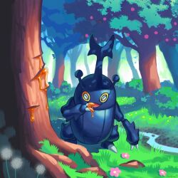  1boy antennae blue_carapace bug cameo carapace claws forest full_body happy heracross highres horns licking licking_hand licking_own_claws male_focus namnums nature nectar no_humans open_mouth outdoors pikipek pokemon pokemon_(creature) silhouette single_horn smile solo standing stream tree woodpecker 