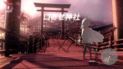  1girl black_boots black_gloves black_shorts bodystocking boots bridge cloak commentary_request crossbow floating_cape full_body gloves hood hood_up hooded_cloak light_particles magia_record:_mahou_shoujo_madoka_magica_gaiden magical_girl mahou_shoujo_madoka_magica map miniskirt outdoors parody pink_hair pink_skirt pleated_skirt samidare_(hoshi) short_hair shorts shorts_under_skirt sidelocks skirt solo standing sun sunrise tamaki_iroha the_legend_of_zelda the_legend_of_zelda:_breath_of_the_wild thigh_boots torii translation_request user_interface weapon white_cloak wind 