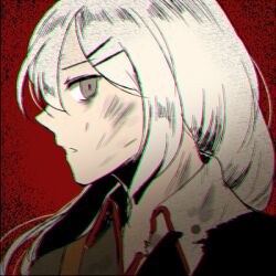  1girl aiguillette girls_frontline grey_eyes gun hair_ornament hairpin long_hair lowres open_mouth profile red_background rifle shirt silence_girl smile sniper_rifle solo svd_(girls'_frontline) torn_clothes weapon white_hair white_shirt 