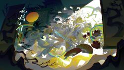  1boy 1girl absurdres architecture bird chinese_clothes cup dress east_asian_architecture ershisi_shao_qing full_body hair_ornament hand_fan hanfu high_ponytail highres holding holding_hands holding_sword holding_weapon long_hair long_sleeves looking_at_another original ponytail profile rainbow sword teacup teapot tree watermark weapon white_bird white_hair wide_sleeves yellow_dress yellow_hanfu 