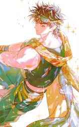  1boy artist_name birthmark black_hair black_shirt commentary_request from_side goggles goggles_on_head joestar_birthmark jojo_no_kimyou_na_bouken joseph_joestar joseph_joestar_(young) knee_up looking_at_viewer looking_to_the_side male_focus muscular muscular_male scarf shirt short_hair sleeveless sleeveless_shirt solo untabunta white_background 