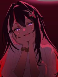  1girl :d asymmetrical_sidelocks azki_(4th_costume)_(hololive) azki_(hololive) black_hair bracelet braid closed_mouth collared_dress colored_inner_hair commentary_request double-parted_bangs dress frilled_dress frills glowing glowing_eyes hair_between_eyes hair_intakes hair_ornament hairclip half_up_braid hands_on_own_face hands_up highres hololive jewelry looking_at_viewer mole mole_under_eye multicolored_hair nail_polish pink_hair pink_nails pink_streaks sidelocks smile solo teeth three-quarter_sleeves upper_teeth_only violet_eyes virtual_youtuber white_dress white_streaks yandere you06 