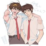  2boys :d belt black_belt blush brown_eyes brown_hair brown_pants collared_shirt commentary_request genderswap genderswap_(ftm) hairband hand_on_another&#039;s_shoulder hands_in_pockets highres index_finger_raised kita_high_school_uniform kyon looking_at_viewer male_focus mochoeru multiple_boys necktie open_mouth pants red_necktie school_uniform shirt shirt_tucked_in short_hair short_sleeves simple_background sketch smile summer_uniform suzumiya_haruhi_no_yuuutsu suzumiya_haruhiko teeth translation_request untucked_shirt upper_body upper_teeth_only white_background white_shirt yellow_hairband 