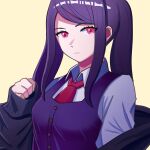  1girl bartender gilijim highres jacket jill_stingray long_hair necktie open_clothes open_jacket purple_hair red_eyes red_necktie shirt solo twintails va-11_hall-a vest white_shirt yellow_background 