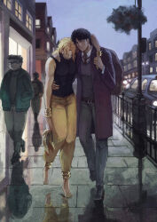  4boys alternate_universe arm_around_shoulder arms_around_waist backpack bag barefoot black_hair blonde_hair blue_eyes bodysuit building car collared_shirt commentary dio_brando dupisan english_commentary evening grey_pants hair_between_eyes highres holding holding_shoes holding_unworn_clothes jacket jojo_no_kimyou_na_bouken jonathan_joestar lamppost leaning_on_person long_sleeves male_focus medium_hair motor_vehicle multiple_boys nail_polish necktie outdoors pants red_necktie reflection road shadow shirt shoes short_hair sky sleeveless sleeveless_bodysuit street sweater toenail_polish toenails unworn_shoes wet 