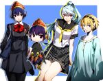  3girls aegis_(persona) alternate_costume android bag black_bag black_hair black_sailor_collar black_shirt black_skirt blonde_hair blue_background blue_dress blue_eyes blue_hair blush_stickers border chibi closed_mouth collared_shirt commentary_request dress gekkoukan_high_school_uniform highres labrys_(persona) long_hair long_sleeves looking_at_viewer metis_(persona) multiple_girls nakano_maru neck_ribbon neckerchief outside_border pantyhose persona persona_3 persona_4 persona_4:_the_ultimate_in_mayonaka_arena ponytail red_eyes red_ribbon ribbon robot_ears sailor_collar school_bag school_uniform shirt short_hair short_sleeves simple_background skirt smile uniform very_long_hair white_border white_shirt yasogami_school_uniform yellow_neckerchief 