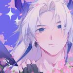  1boy absurdres artist_name blue_eyes blush cherry_blossoms earrings hand_on_own_shoulder highres horns jewelry league_of_legends long_hair male_focus portrait ruan_chen_yue single_earring solo sparkle spirit_blossom_(league_of_legends) spirit_blossom_yone white_hair yone_(league_of_legends) 