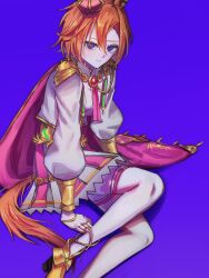  1girl absurdres animal_ears armor blush boots breasts cape closed_mouth commentary_request crown fingerless_gloves gloves gold_boots gold_corset hair_between_eyes highres horse_ears horse_girl horse_tail long_sleeves looking_at_viewer mini_crown orange_hair orange_tail pink_cape pink_crown shirt short_hair shoulder_armor simple_background skirt solo t.m._opera_o_(o_sole_suo!)_(umamusume) t.m._opera_o_(umamusume) tadano_(user_cjgh7223) tail thigh-highs two-tone_skirt umamusume violet_eyes white_gloves white_shirt white_thighhighs 